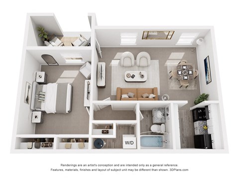 A 3D floor plan of a small apartment with a kitchen, living room, and bathroom.